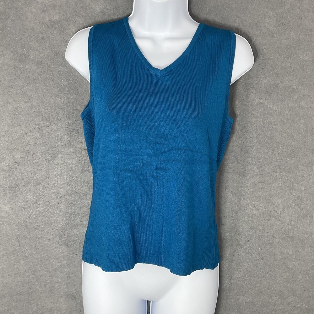 Worthington Sweater Womens L‎ Blue Silk Blend Sleeveless Pullover V-Neck Preppy